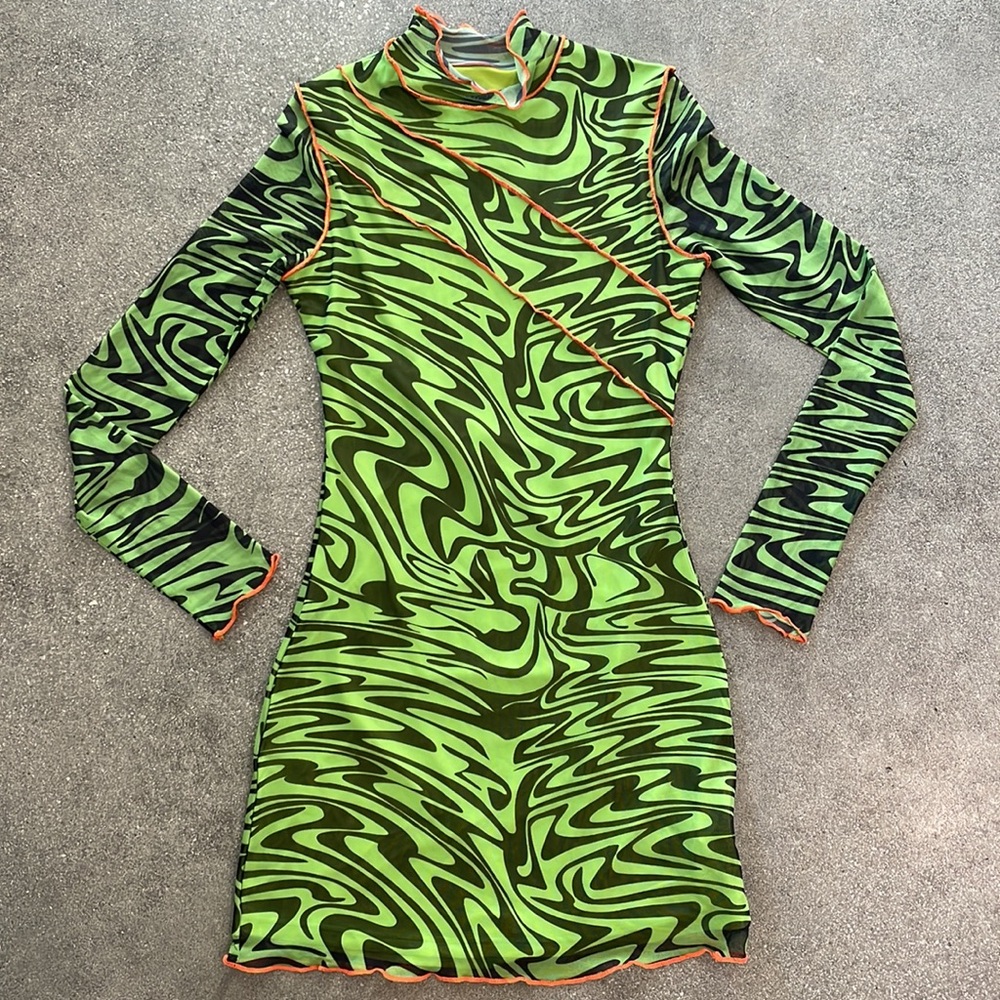 Green / black swirl mesh body con long sleeve mini dress with orange stitching